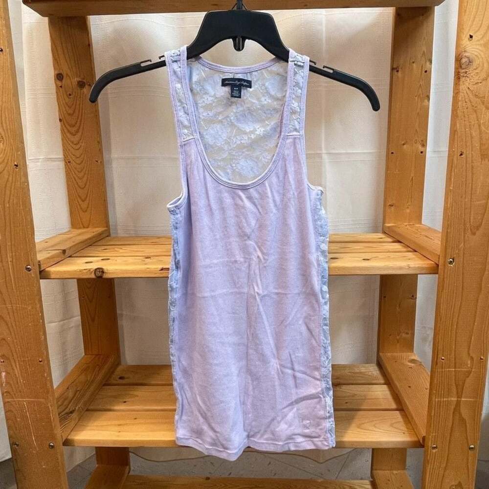 Y2K S Small American Eagle Outfitters lavender ribbed tank top sheer lace panels